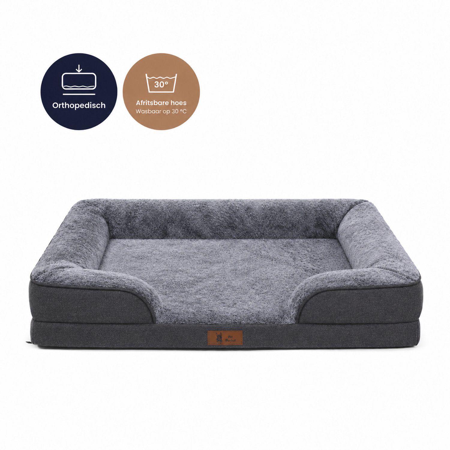 Pet Perfect Orthopedische Cosy Hondenmand - Wasbaar Hondenbed - Verhoogde Rand - Waterafstotende Binnenhoes - Antislip - 91x69 cm - L - Antraciet