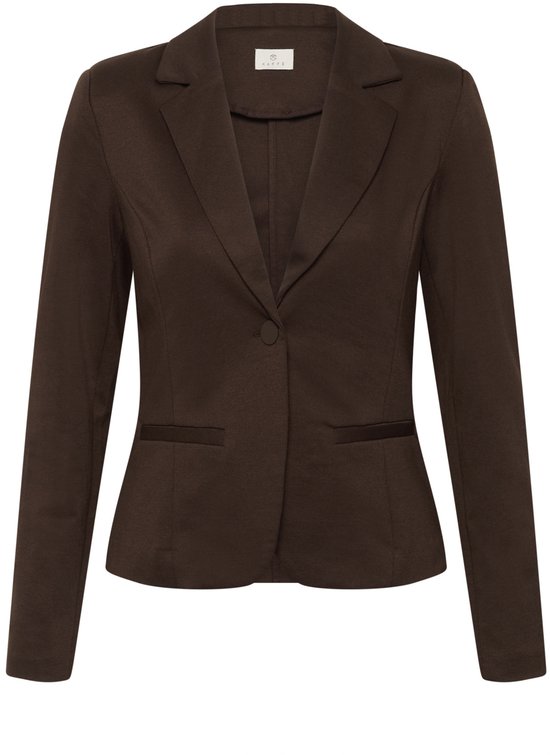 Koffiebruine Kaffe blazer met één knoop, reverskraag en satijnen details bij de zakken.