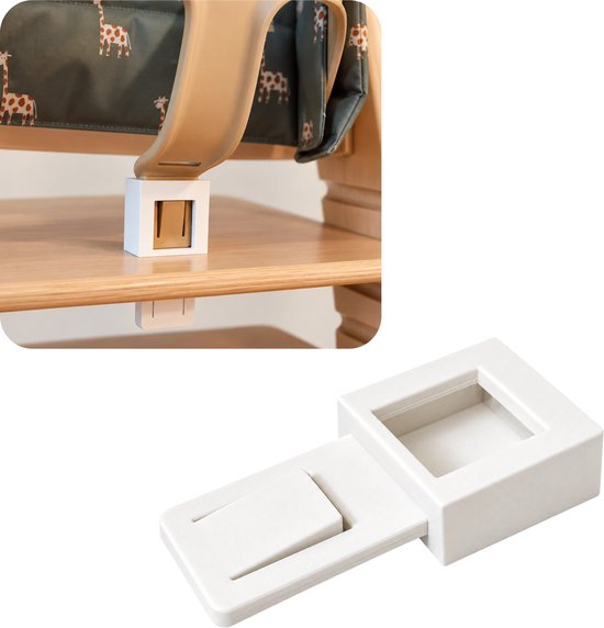 Witte kunststof adapter voor kinderstoel, getoond als los onderdeel en gemonteerd op de stoel.