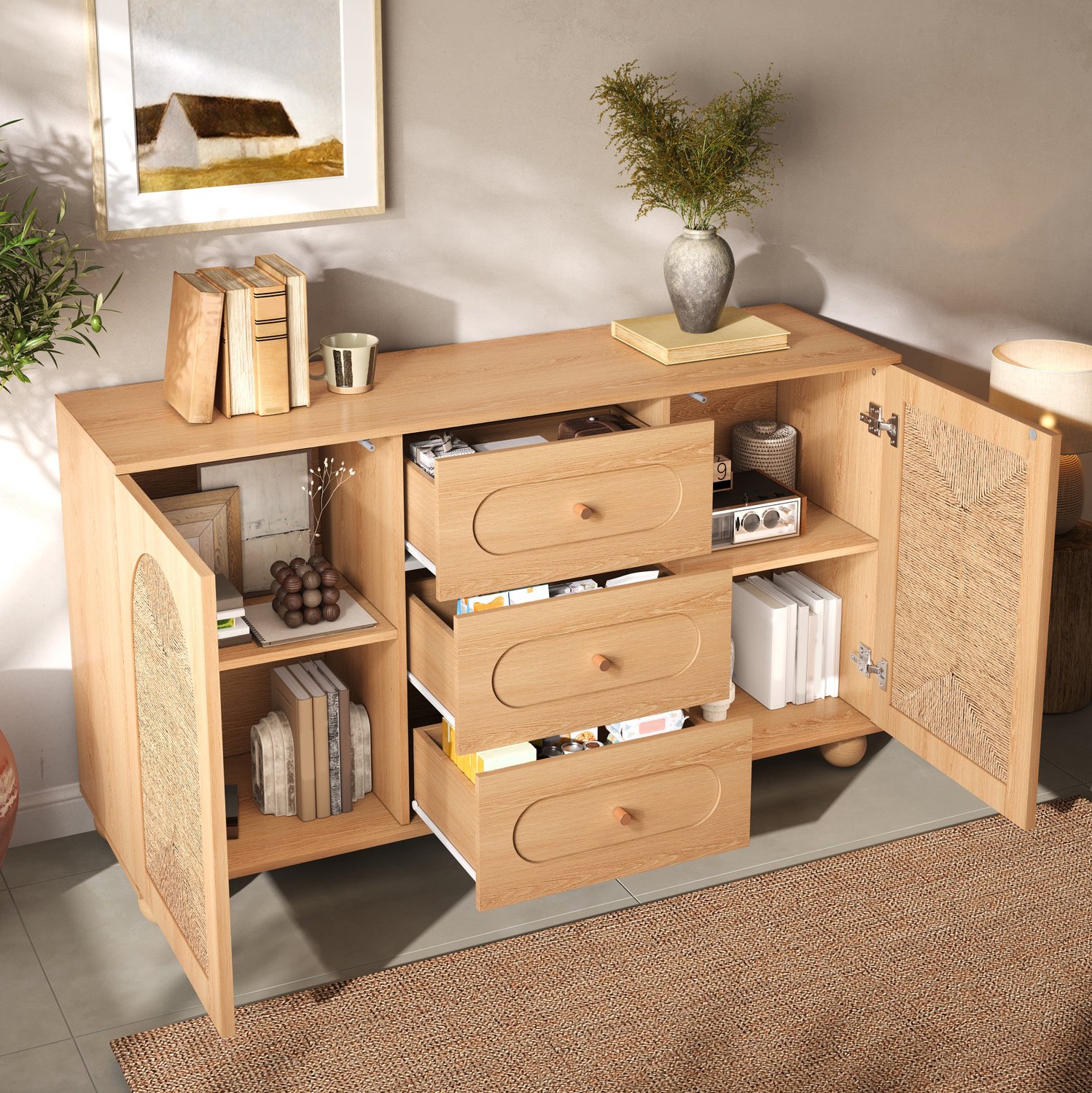 MODFU Dressoir - 2 Deuren En 3 Lades - Touwvlechtwerk - MDF En Spaanplaat - Naturel - 140 X 40 X 80 Cm