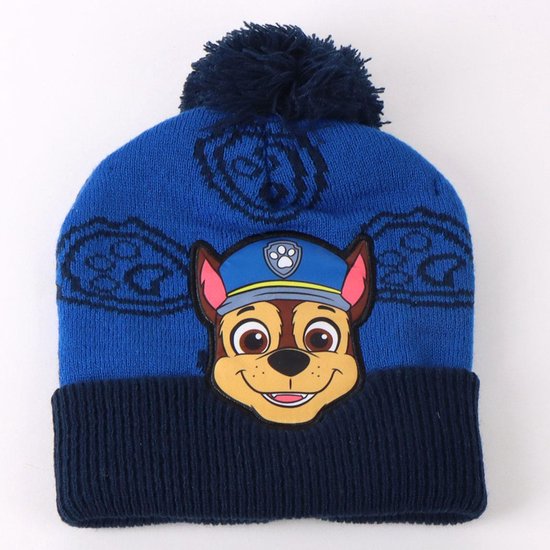 Blauwe Paw Patrol muts met Chase-opdruk en donkerblauwe pompon.