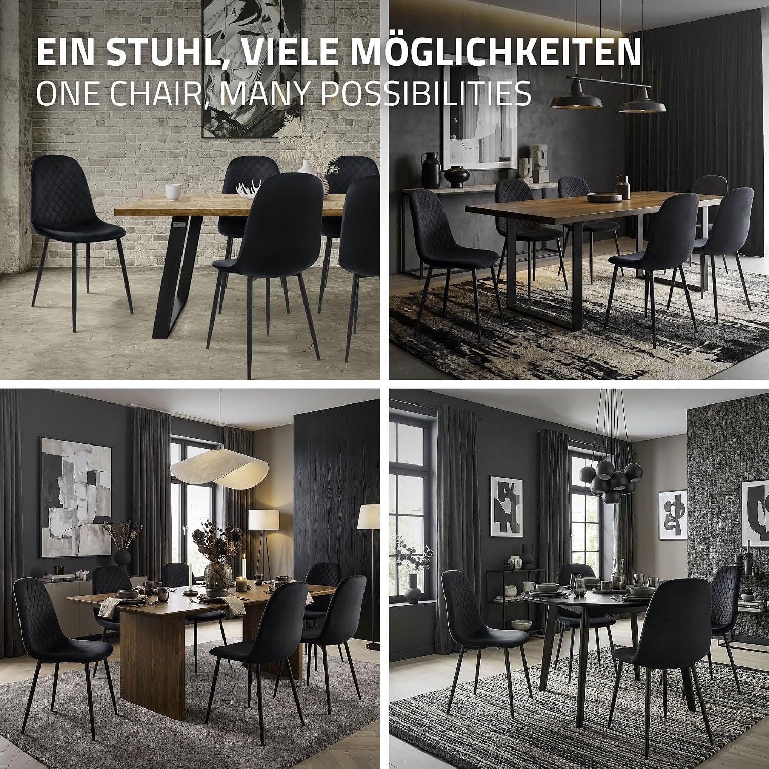 VelvetLuxe Eetkamerstoelen Set van 4 Zwart – Scandinavische Fluwelen Eetkamerstoelen met Diamantpatroon, Ergonomische Gestoffeerde Stoelen met Hoge Rugleuning, Metalen Onderstel, 48 cm Zithoogte