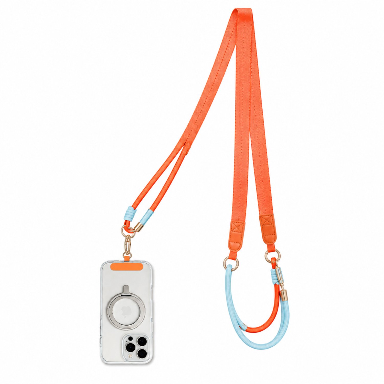Telefoonkoord oranje 150 cm - Verstelbare crossbodyband met platte band en ronde koorden - Metalen sluitingen en oranje bevestigingspad