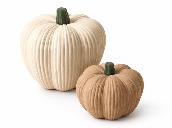 Twee geribbelde decoratieve pompoenen in crème en beige met groene steeltjes op een witte achtergrond.