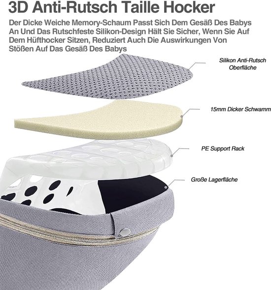 CHICFURN Draagzak voor Baby en Peuter - 15 Draagwijzen - Afneembare Heupzit - Katoen en 3D Mesh - Grijs — afbeelding 3