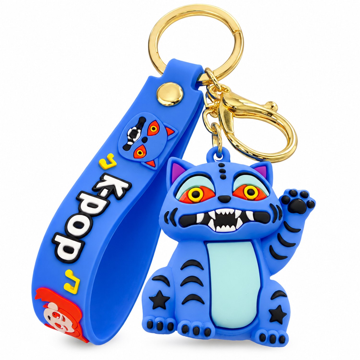 Sleutelhanger van siliconen met blauw monster, lusband, sleutelring en karabijnsluiting, individueel verpakt