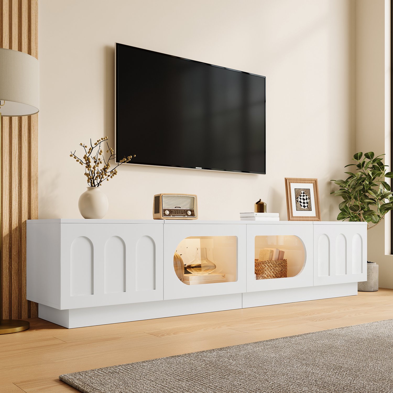 HAUSS SPOLE Tv-Meubel - Vier Deuren met Ledverlichting en Bediening via App - Voor de Woonkamer - Mdf en Spaanplaat - Wit - 200x40x42 cm
