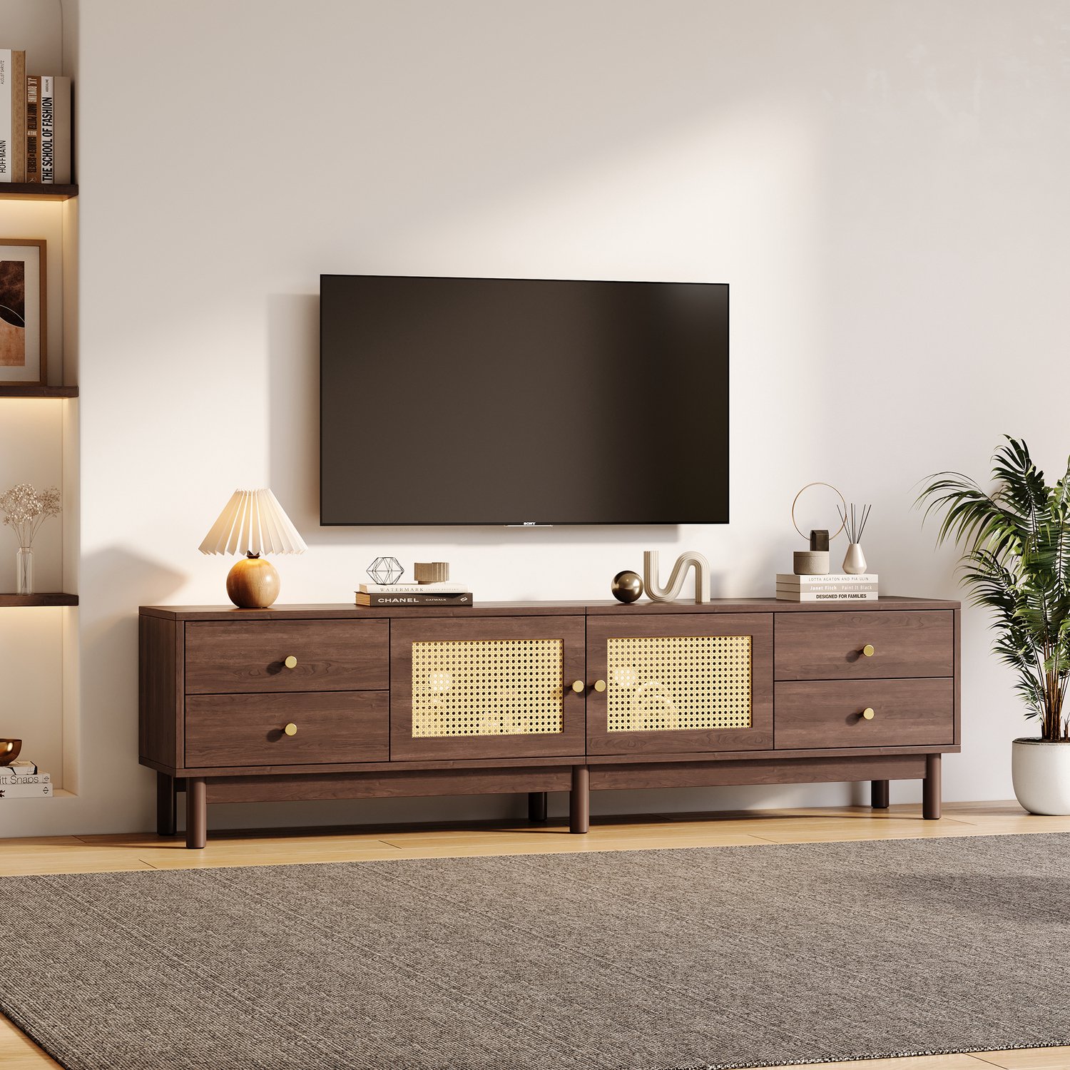 MEUNIQ tv-meubel 180 cm, donkerbruine houtlook, 4 lades, 2 deuren met rotandetails en kabeldoorvoer, voor tv's tot 80 inch, woonkamer
