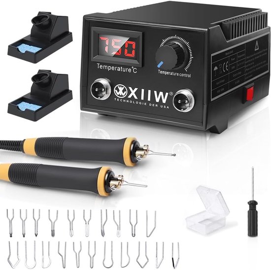 XIIW pyrografiemachine met digitale display, twee pennen, standaards en diverse brandpunten.