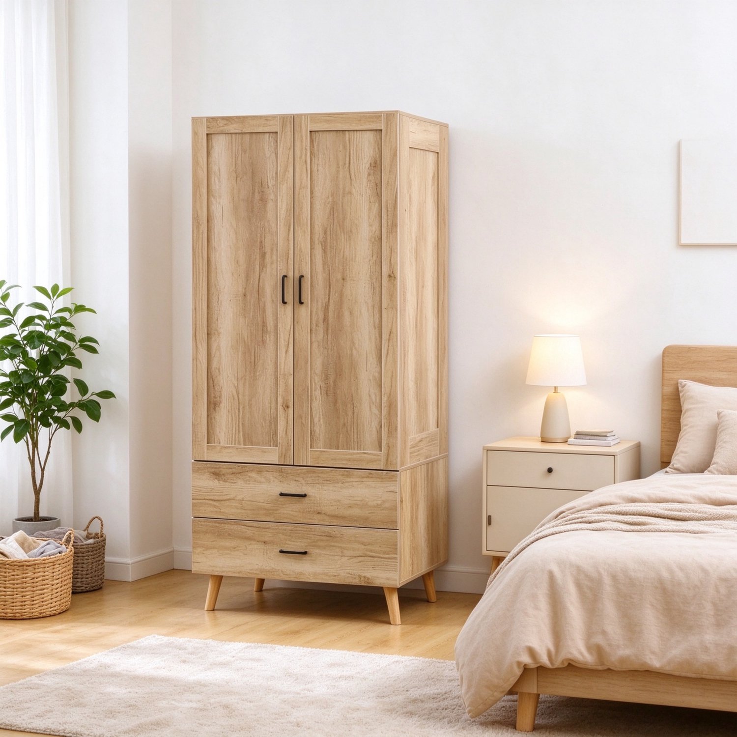 Clruro Kledingkast - 80×54×180 cm - 2 Deuren - 2 Laden en Kledingroede - Spaanplaat - Naturel