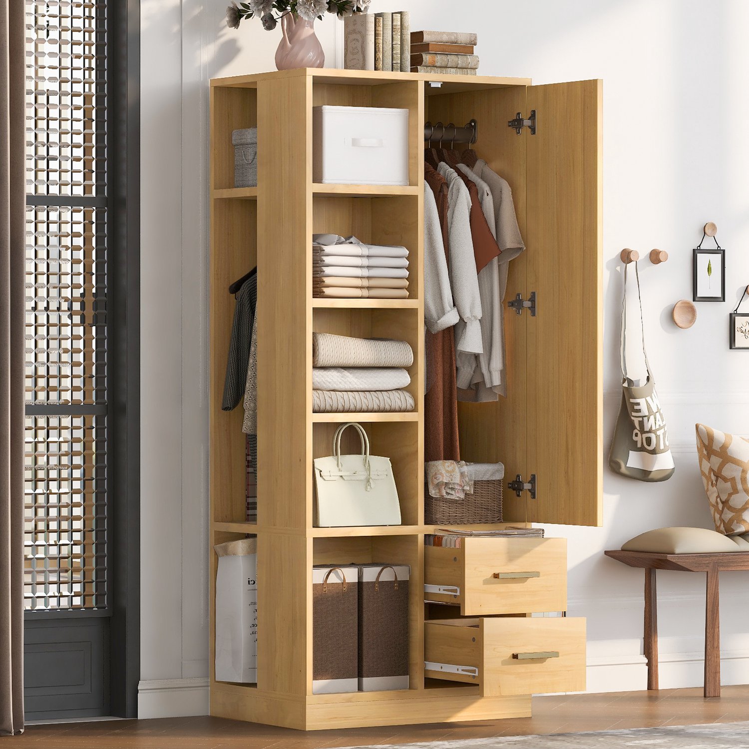 Clruro Kledingkast - 70×50×170 cm - 1 Deur - 2 Roedes en 2 Laden - Hout en MDF - Naturel
