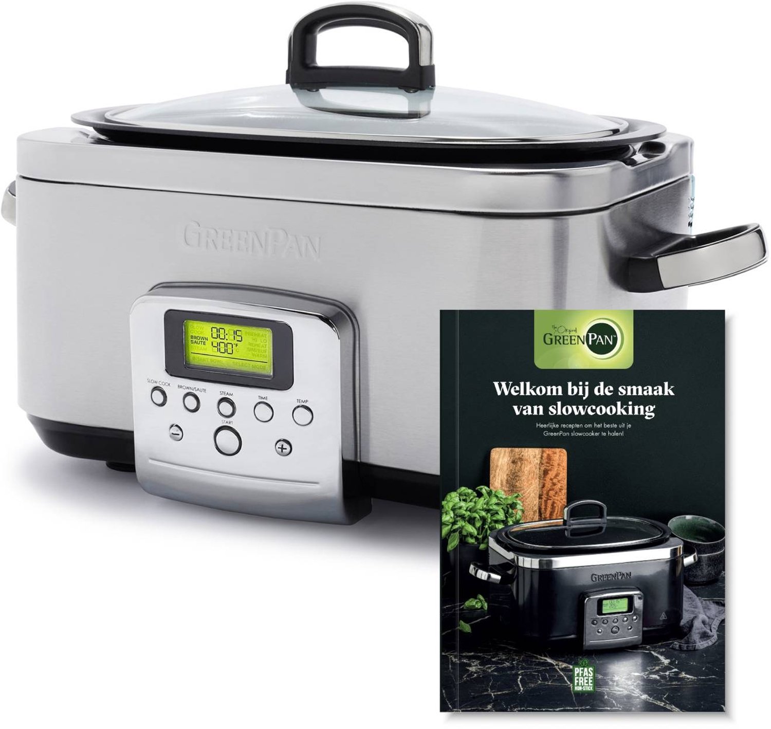 GreenPan Elite Slowcooker 6L - PFAS-vrije antikleeflaag - Leddisplay met kookprogramma's - Koudgreep - Vermogen: 1350 Watt - RVS Deksel - Met Receptenboek - Stainless Steel