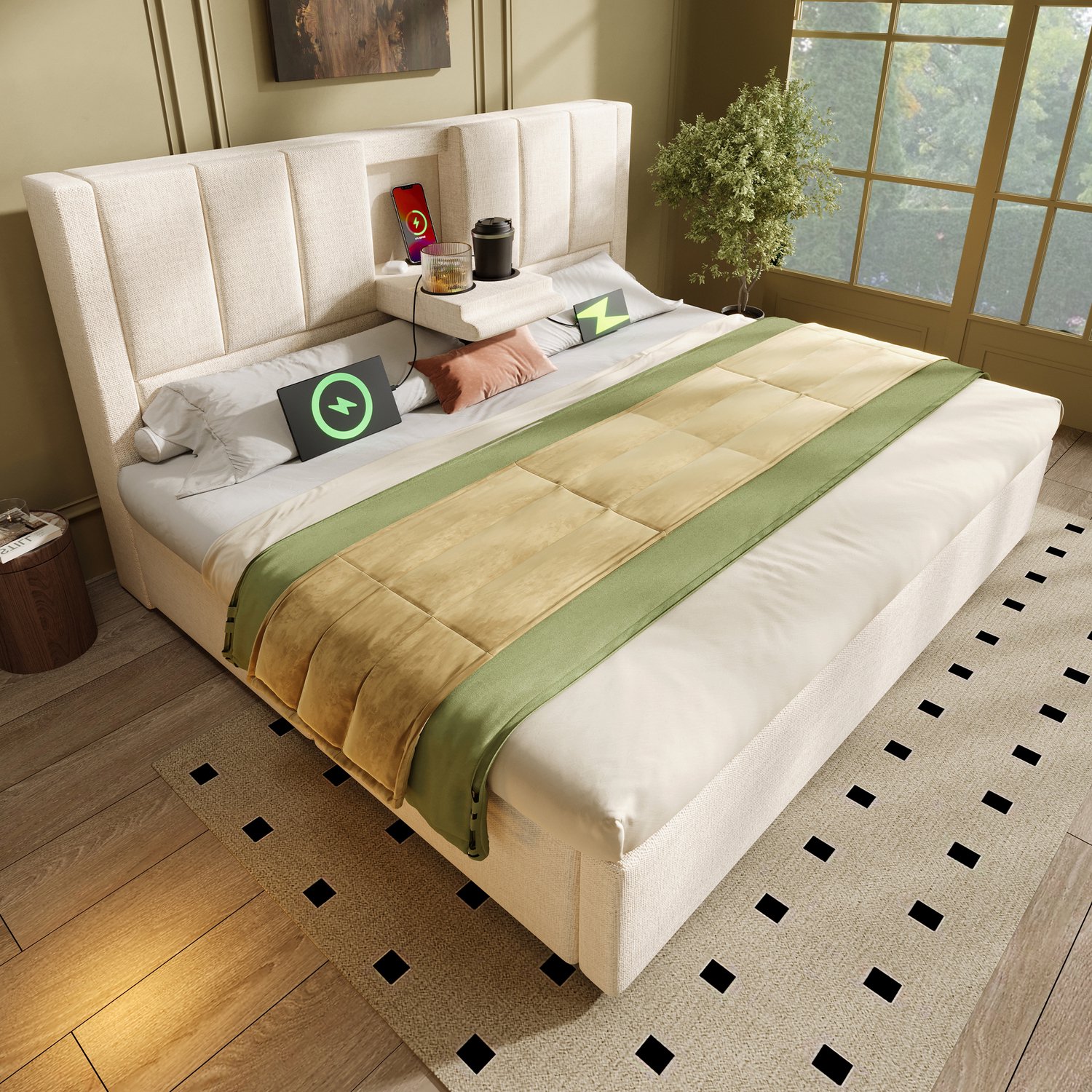 MUVANO Gestoffeerd bed - Tweepersoonsbed met oplaadstation - Opbergruimte en hydraulische lattenbodem - Linnen - 140x200 cm - Slaapkamer beige
