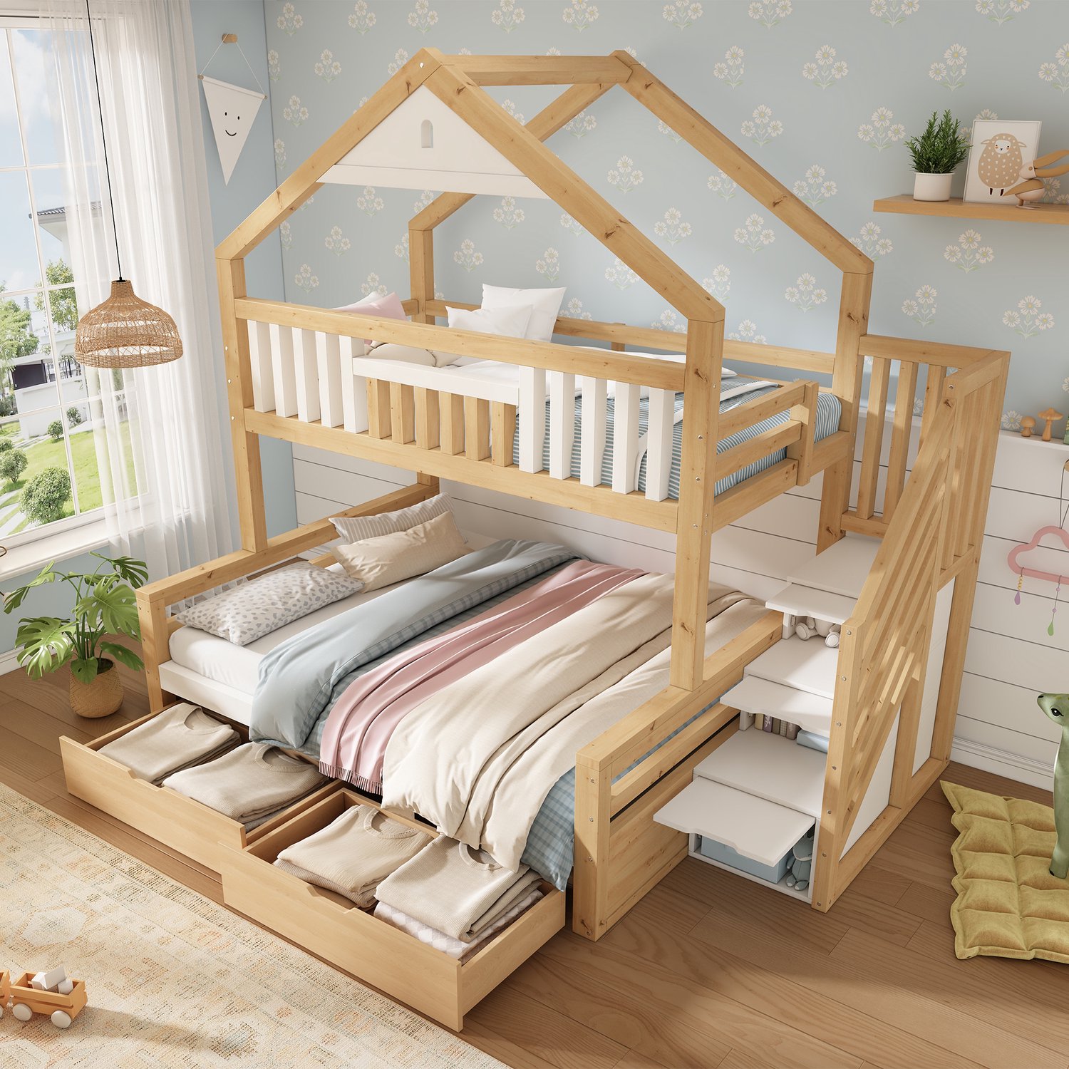 MUVANO Stapelbed met trap - huisbed van hout - bovenbed 90x200 cm en onderbed 140x200 cm - 2 laden - wit met eikenkleur - kinderkamer