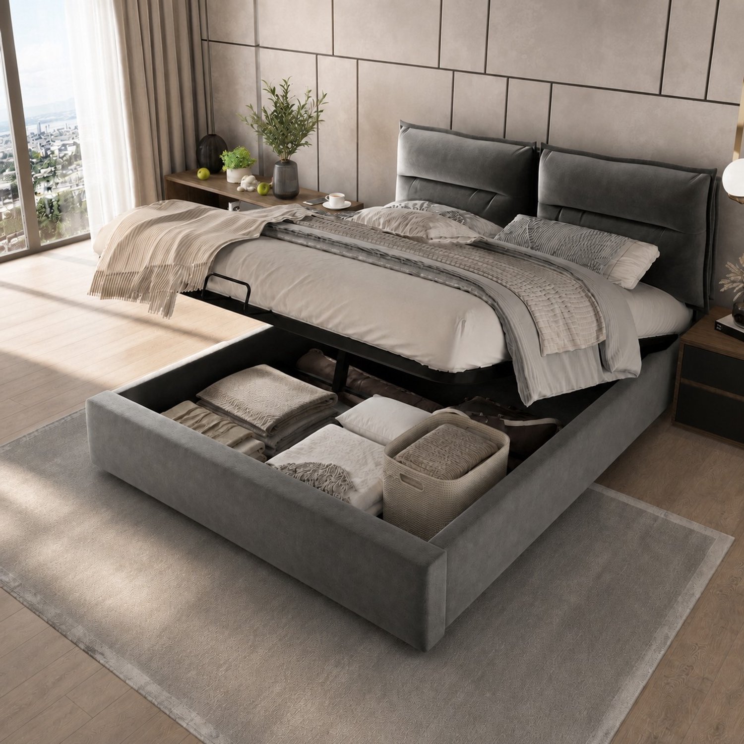 Vovtenza Hydraulisch tweepersoonsbed met gestoffeerde bekleding 140x200cm - verstelbaar hoofdeinde - bed met metalen frame en lattenbodem - fluweel - modern bedframe met opbergruimte - grote opbergruimte - grijs (matras niet inbegrepen)