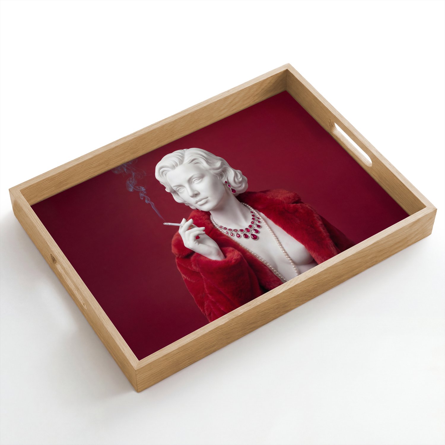 Dienblad hout 50x35 cm - Schootdienblad - Vrouw - Bontjas - Mode - Klassiek - Rood - Borrelplank rechthoek - Plateau dienbladen