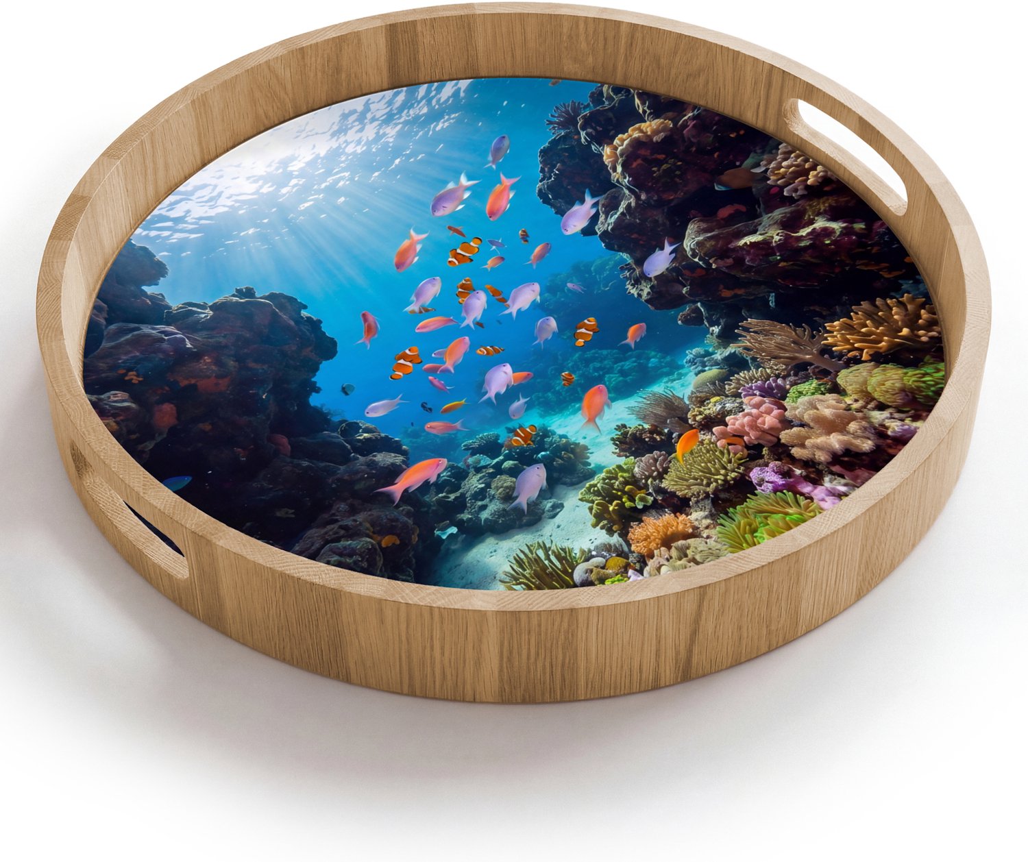 Dienblad rond 40x40 cm - Schootdienblad hout - Vis - Koraalrif - Onderwater - Levendig - Blauw - Borrelplank rechthoek - Plateau houten dienbladen