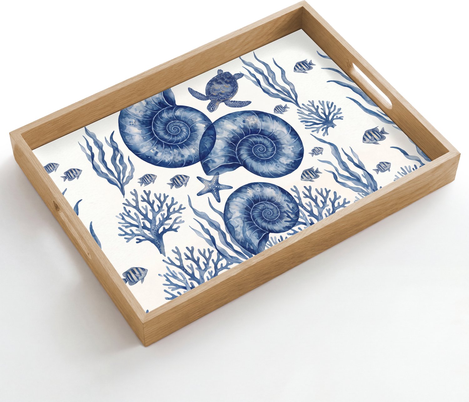 Dienblad hout 50x35 cm - Schootdienblad - Schelp - Spiraal - Zeeleven - Aquarel - Blauw - Borrelplank rechthoek - Plateau dienbladen