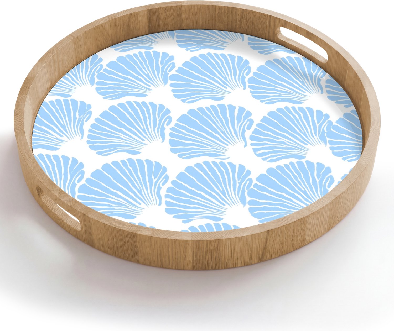 Dienblad rond 50x50 cm - Schootdienblad hout - Blauw - Wit - Schelpen - Grafisch - Structuur - Borrelplank rechthoek - Plateau houten dienbladen