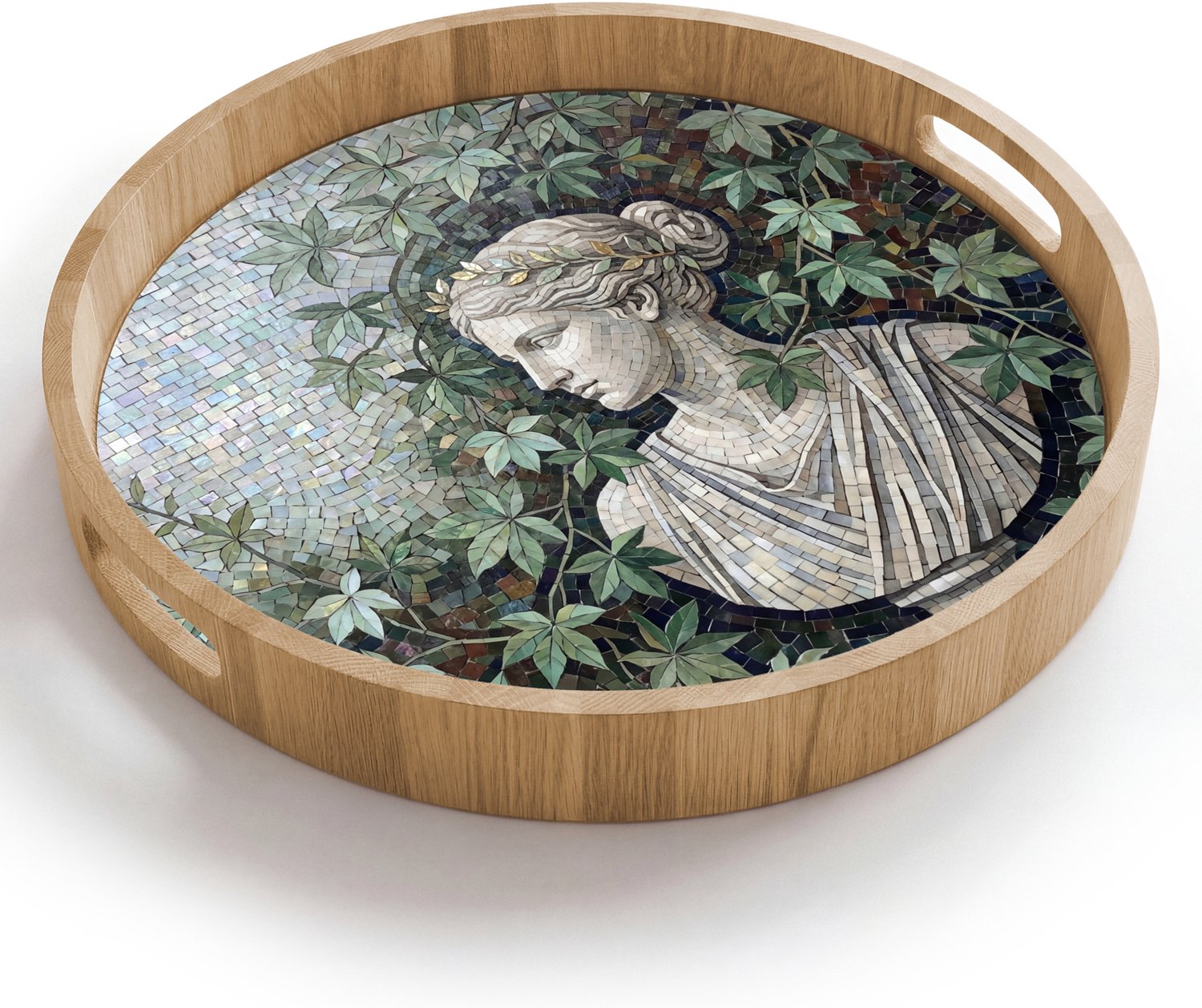 Dienblad rond 40x40 cm - Schootdienblad hout - Vrouw - Klassiek - Mozaiëk - Natuur - Groen - Borrelplank rechthoek - Plateau houten dienbladen