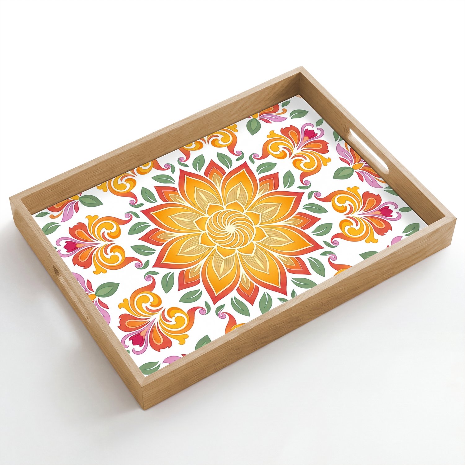 Dienblad hout 50x35 cm - Schootdienblad - Mandala - Bloemen - Decoratie - Kleurrijk - Abstract - Borrelplank rechthoek - Plateau dienbladen