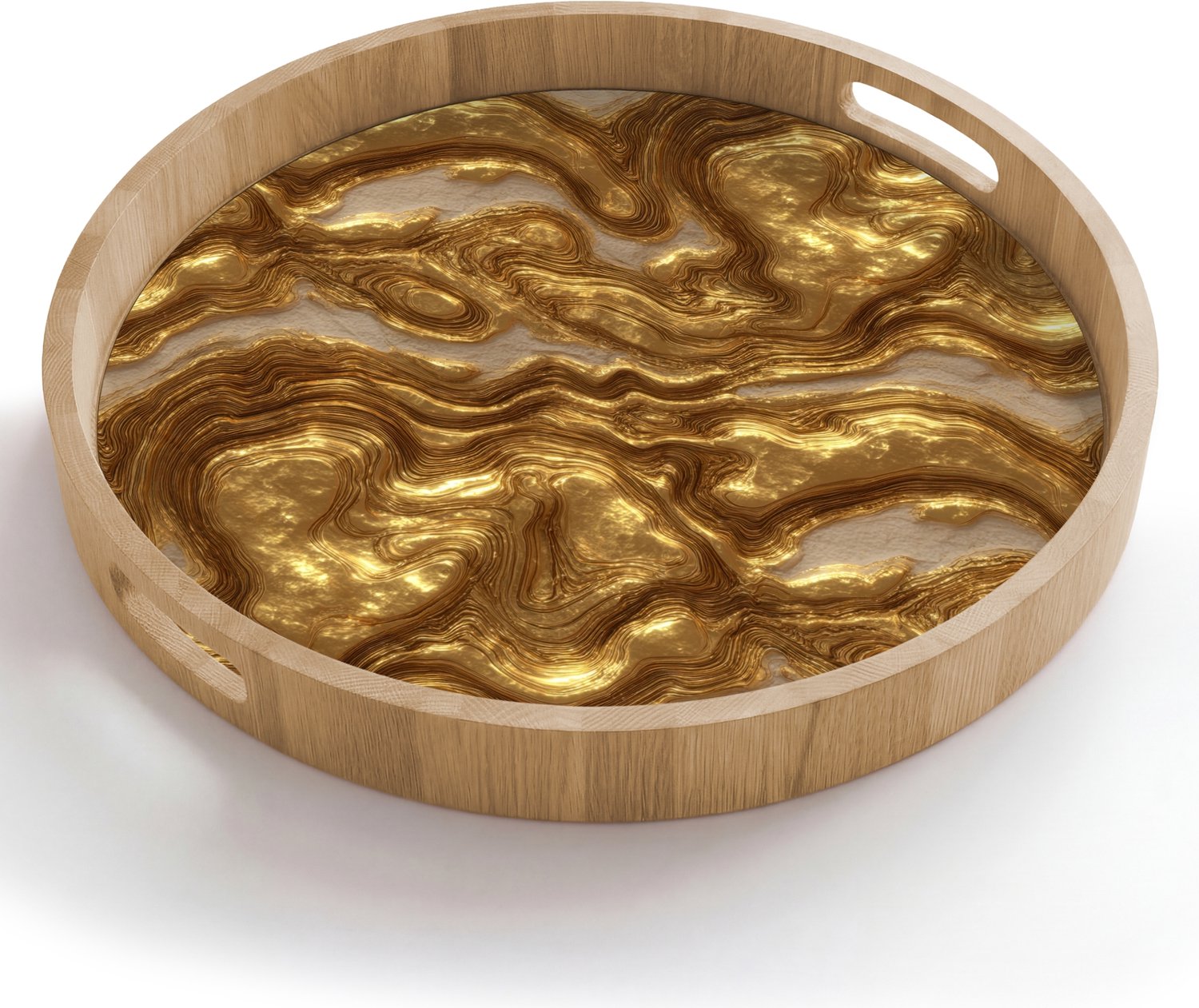 Dienblad rond 50x50 cm - Schootdienblad hout - Golven - Organisch - Goud - Crème - Borrelplank rechthoek - Plateau houten dienbladen