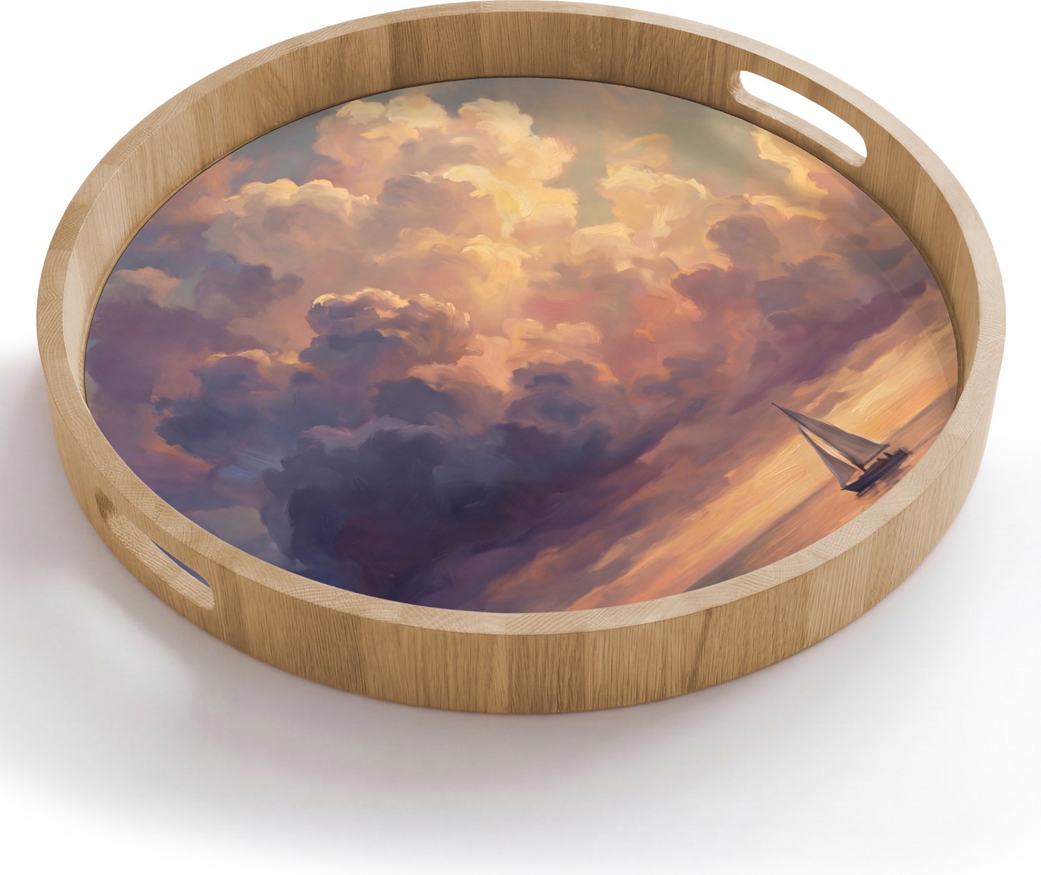 Dienblad rond 50x50 cm - Schootdienblad hout - Boot - Zonsondergang - Zee - Natuur - Goud - Borrelplank rechthoek - Plateau houten dienbladen
