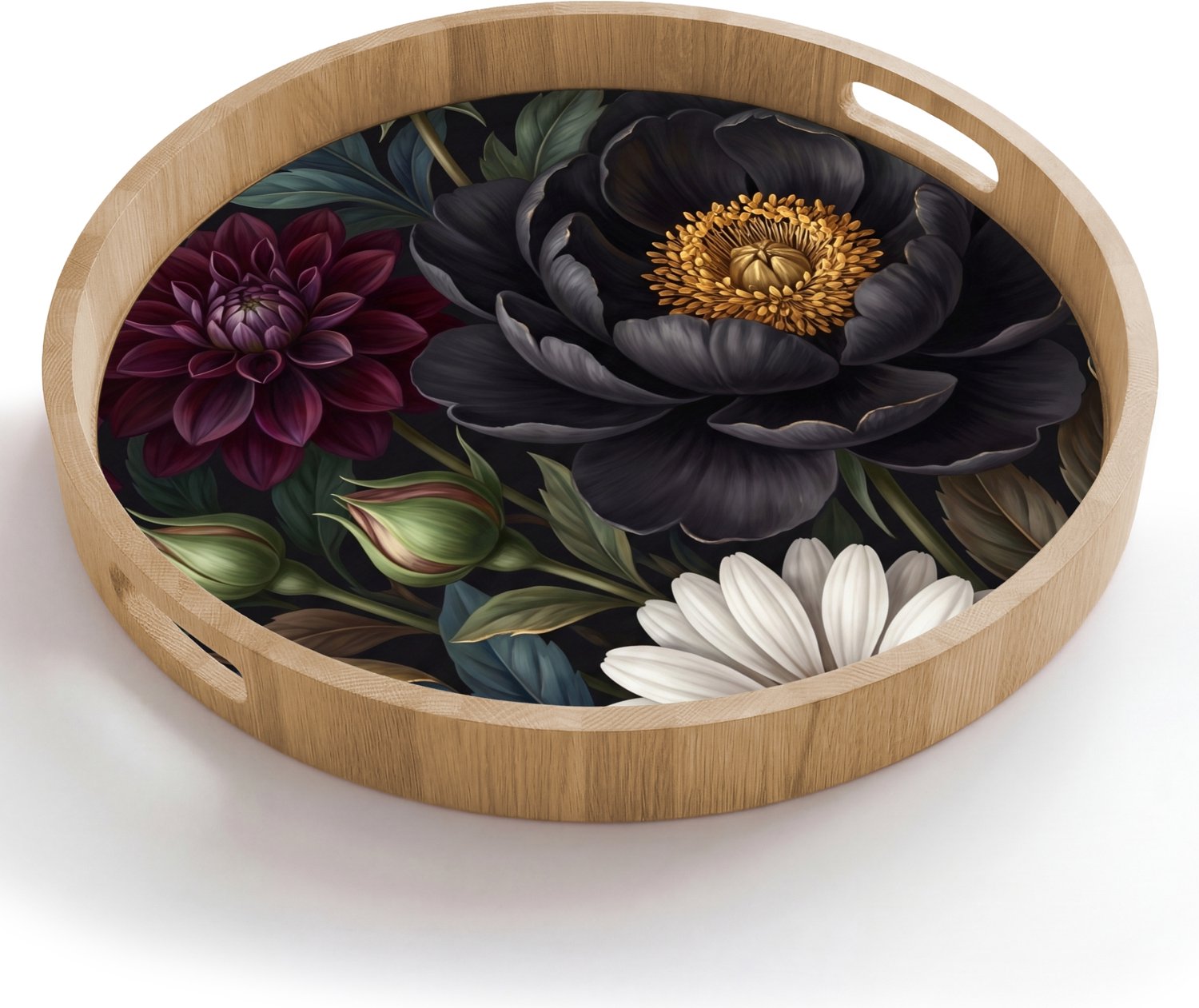 Dienblad rond 50x50 cm - Schootdienblad hout - Bloemen - Boeket - Natuur - Klassiek - Weelderig - Borrelplank rechthoek - Plateau houten dienbladen