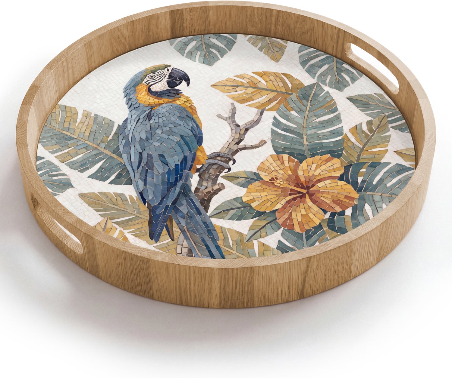Dienblad rond 40x40 cm - Schootdienblad hout - Vogel - Tak - Natuur - Mozaïek - Blauw - Borrelplank rechthoek - Plateau houten dienbladen
