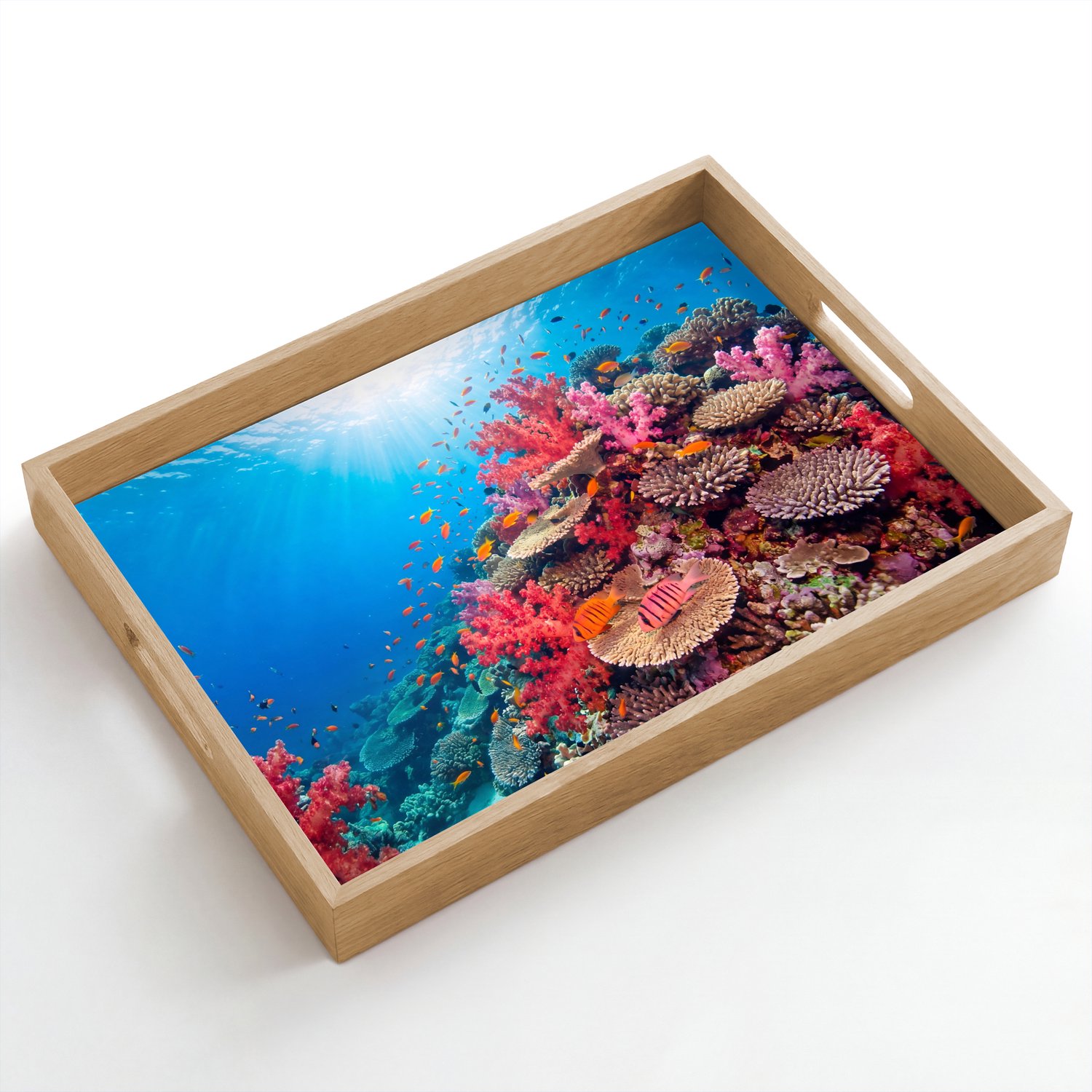 Dienblad hout 50x35 cm - Schootdienblad - Koraalrif - Vissen - Onderwater - Tropisch - Rood - Borrelplank rechthoek - Plateau dienbladen