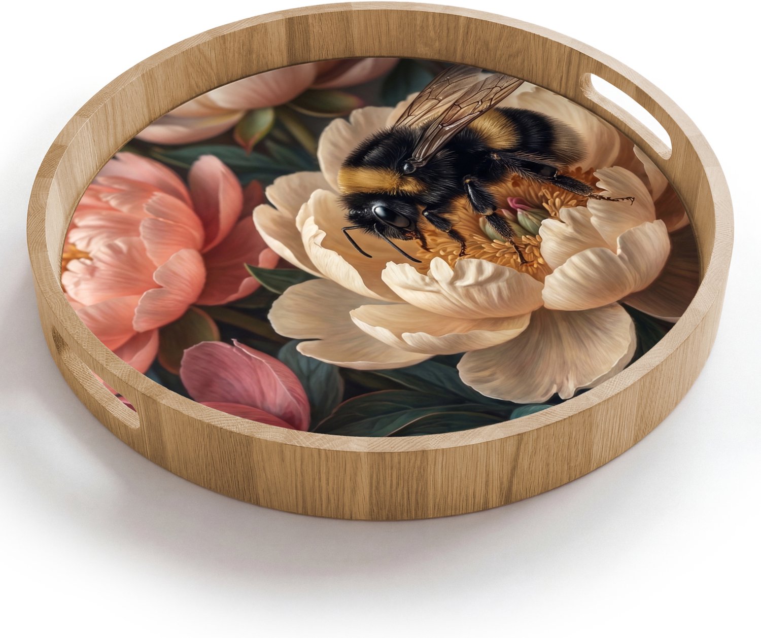 Dienblad rond 40x40 cm - Schootdienblad hout - Bloemen - Insect - Natuur - Roze - Borrelplank rechthoek - Plateau houten dienbladen