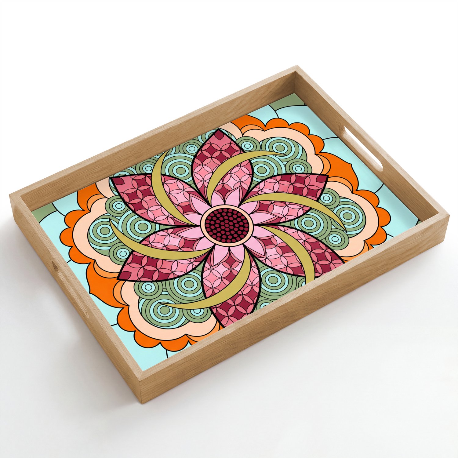 Dienblad hout 50x35 cm - Schootdienblad - Mandala - Geometrisch - Kunst - Decoratief - Kleurrijk - Borrelplank rechthoek - Plateau dienbladen