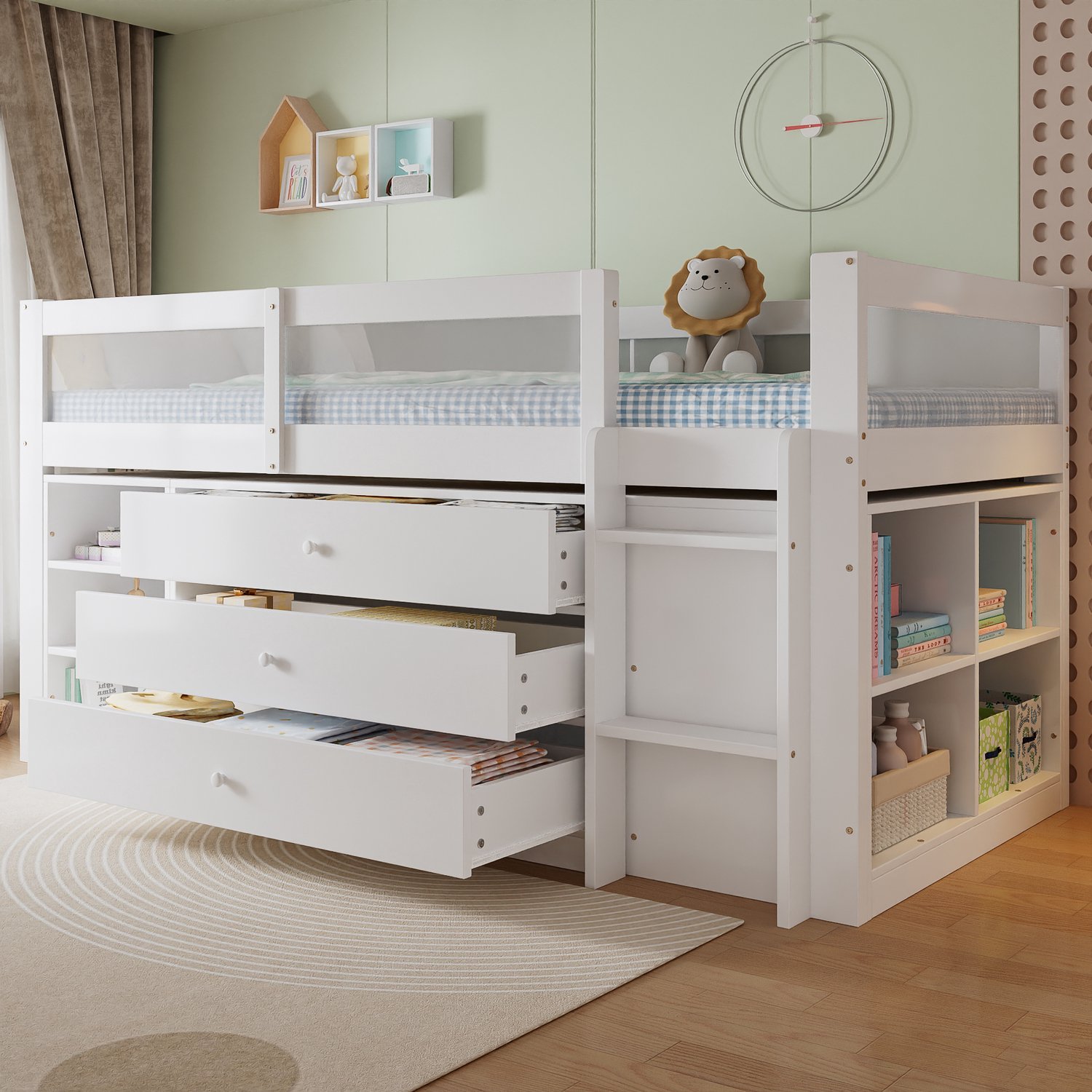 Sweiko Halfhoogslaper - 90 x 200 cm - Houten kinderbed - 3 lades - Opbergplank - Acryl valbeveiliging - Wit