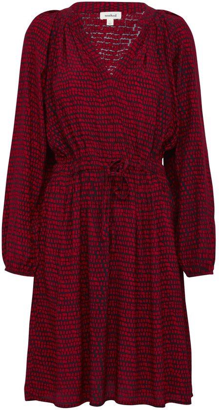 Soaked in Luxury jurk met rood-zwart patroon, V-hals, elastische taille met koord en lange mouwen.