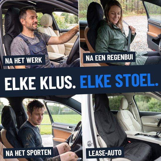 Verschillende personen gebruiken de zwarte stoelhoes na werk, sport of regen in de auto.