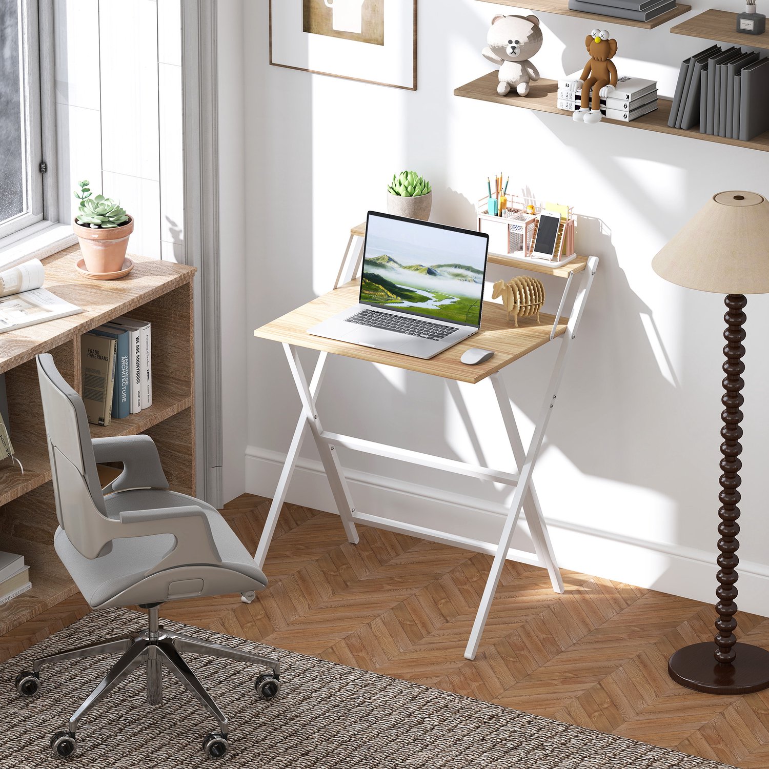 MUVANO Inklapbaar bureau - Met opzetplank - Stalen kruisonderstel - 70 x 62 x 86,5 cm - Opklapbare werkplek voor slaapkamer en thuiskantoor - Naturel en wit