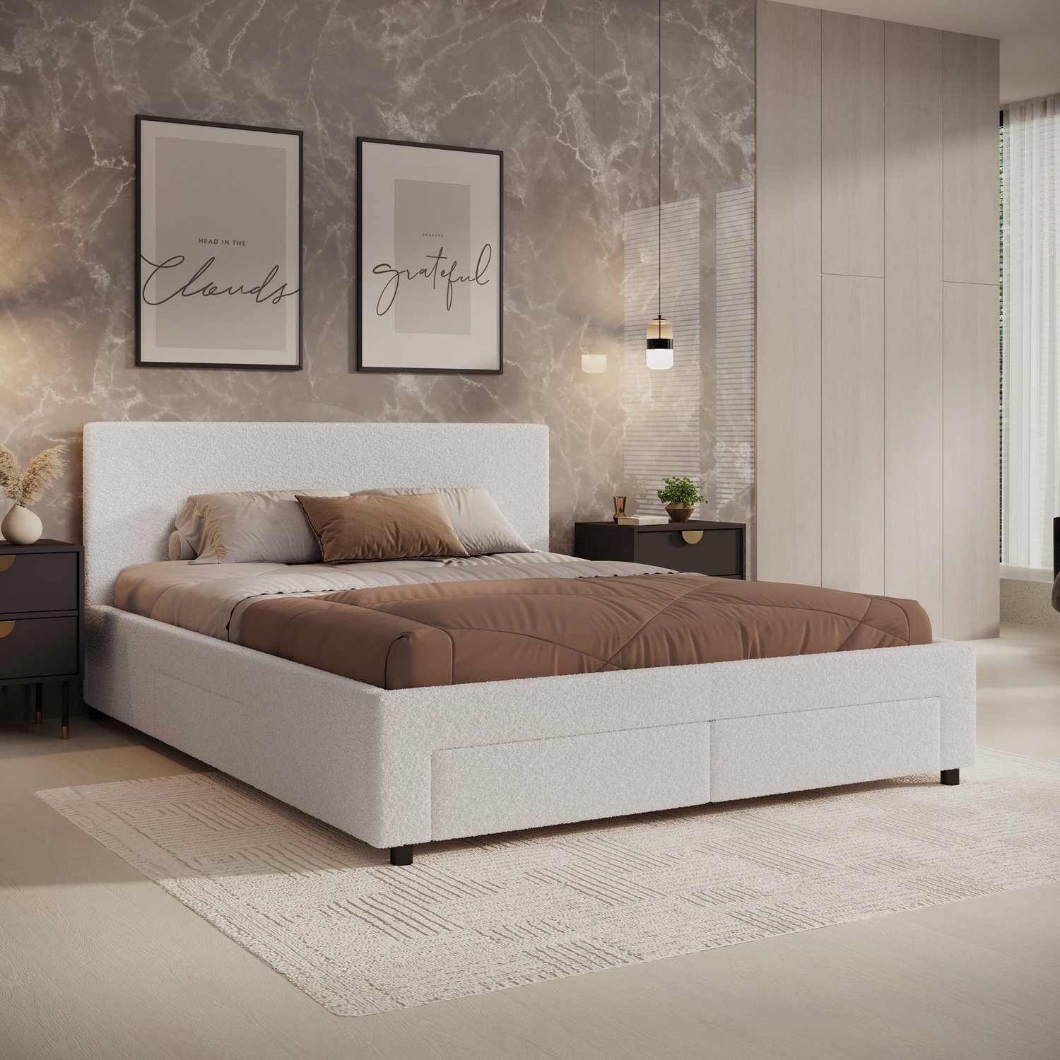 MEUBELLA Tweepersoonsbed Suente - Wit Teddystof - 160x200 cm