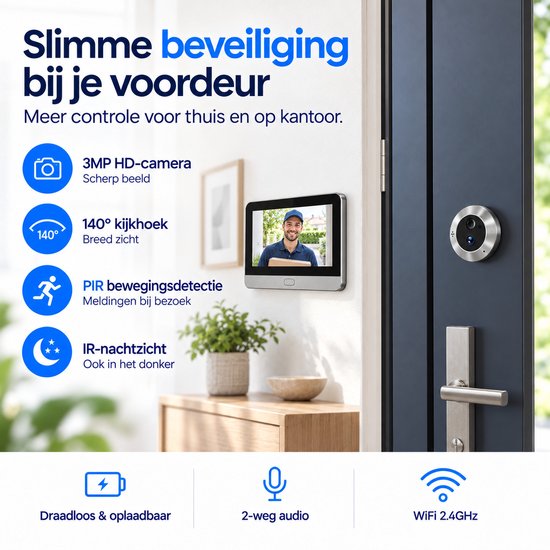 Slimme digitale deurbelcamera met een 140-graden kijkhoek en nachtzicht gemonteerd op een deur.