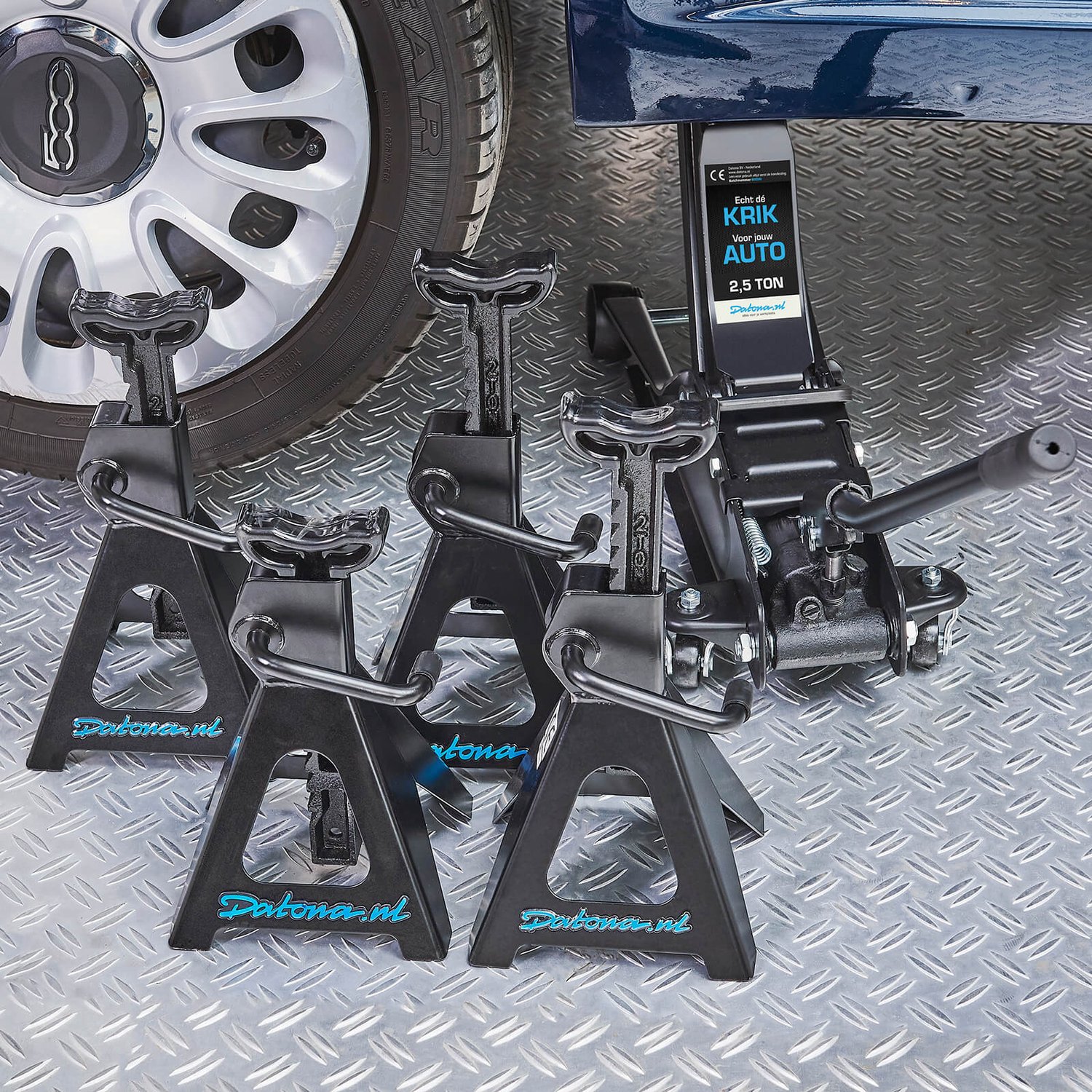 Datona® Autokrik laag model 2,5 ton met vier assteunen 3 ton - Zwart