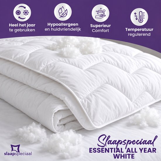Wit Essential dekbed met stiksel, kenmerken: het hele jaar te gebruiken, hypoallergeen, comfort en temperatuurregulerend.