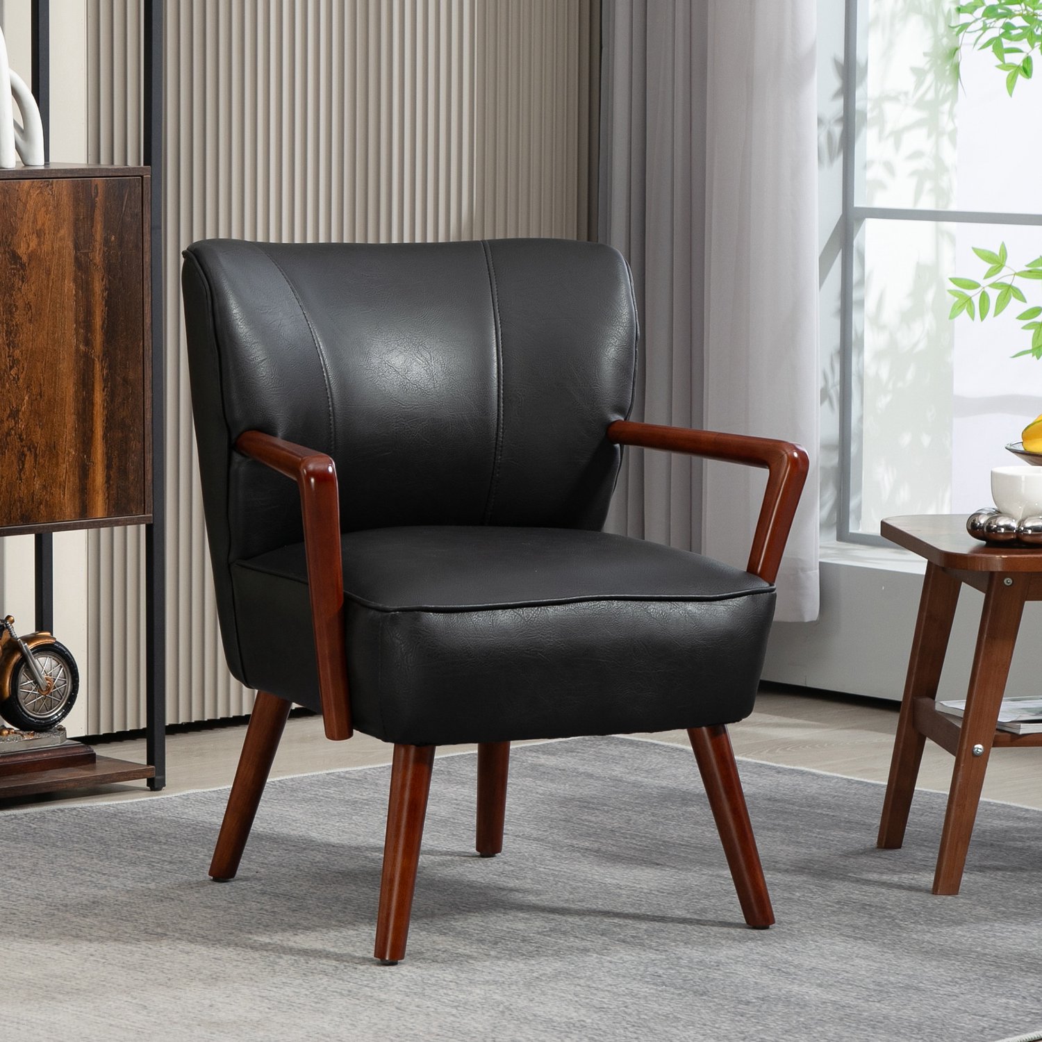 OKWISH Fauteuil 67 x 77 x 80 cm - Brede Gewatteerde Zitting en Gebogen Rugleuning - Voor Woonkamer en Eetkamer - Kunstleer en Hout - Zwart