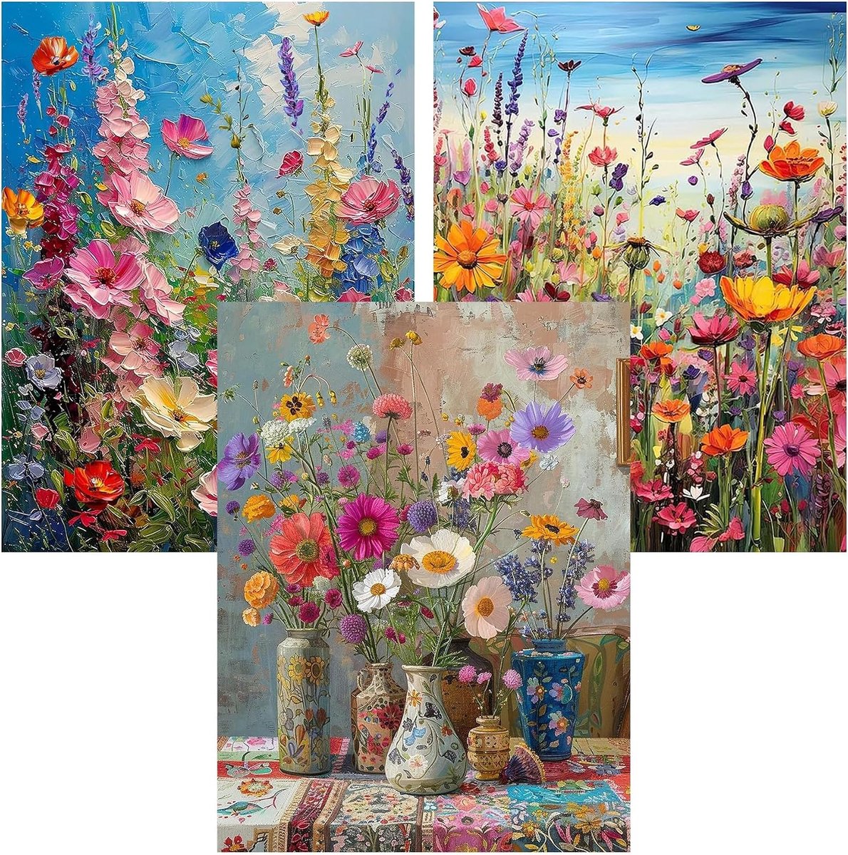Diamond Painting Kleurrijke bloemen voor volwassenen, set van 3, doe-het-zelf diamantschilderij, complete set, Crystal Art, diamantschilderij met parels voor wooncultuur, volwassenen en creatief