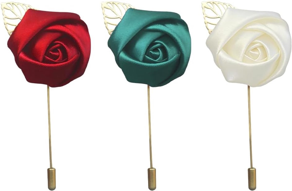 3 Stuks Rose Boutonnieres Bloem Reversspeldjes Pocket Boutonnieres Pins Elegante Handgemaakte Zijdeachtige Satijn Gouden Blad Roos Voor Bruiloft Ceremonie Verjaardag Prom Formele Diner Party (3
