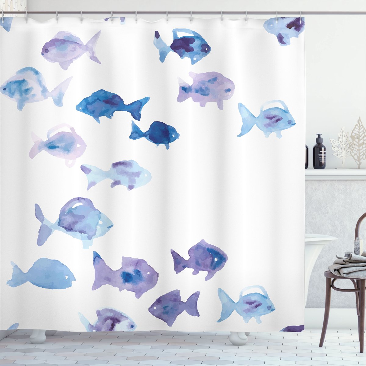 ABAKUHAUS Dier Douchegordijn, Aquarel Vissen, Stoffen Badkamerdecoratieset met Haken, 175 x 180 cm, Baby Blauw Blauw Mauve