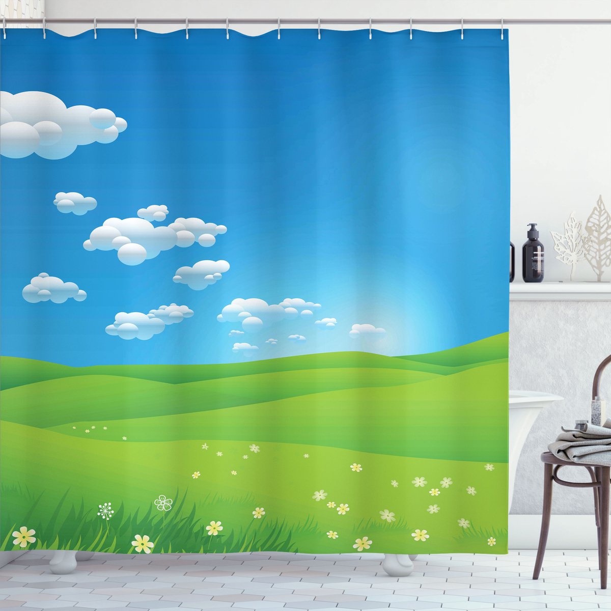 ABAKUHAUS Landschap Douchegordijn, Cartoon-Dal-Scène, Stoffen Badkamerdecoratieset met Haken, 175 x 200 cm, Blauw Wit Groen