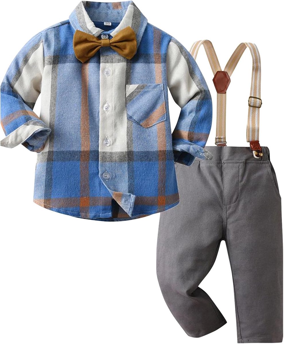 Jongens gentleman plaid jurk kinderen lange mouwen hemd met vlinderdas bretels broek jurk kinderen voor 1-7 jaar
