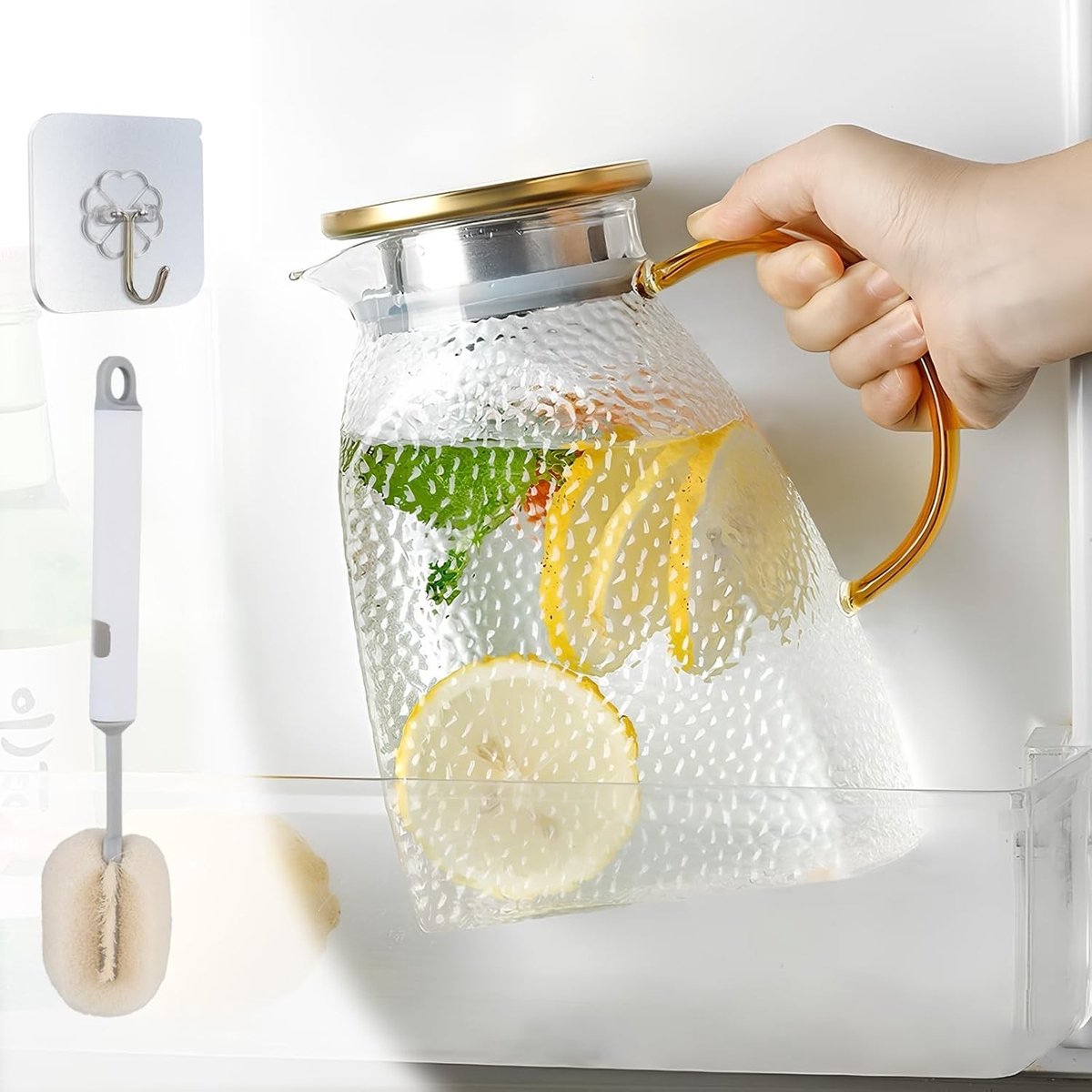 Elegante 1.8L Glazen Decanteerkan van Borosilicaatglas met Deksel en Handvat, Perfect voor Warm en Koud Water, Inclusief Borsteltje en Haak voor Gemakkelijk Onderhoud