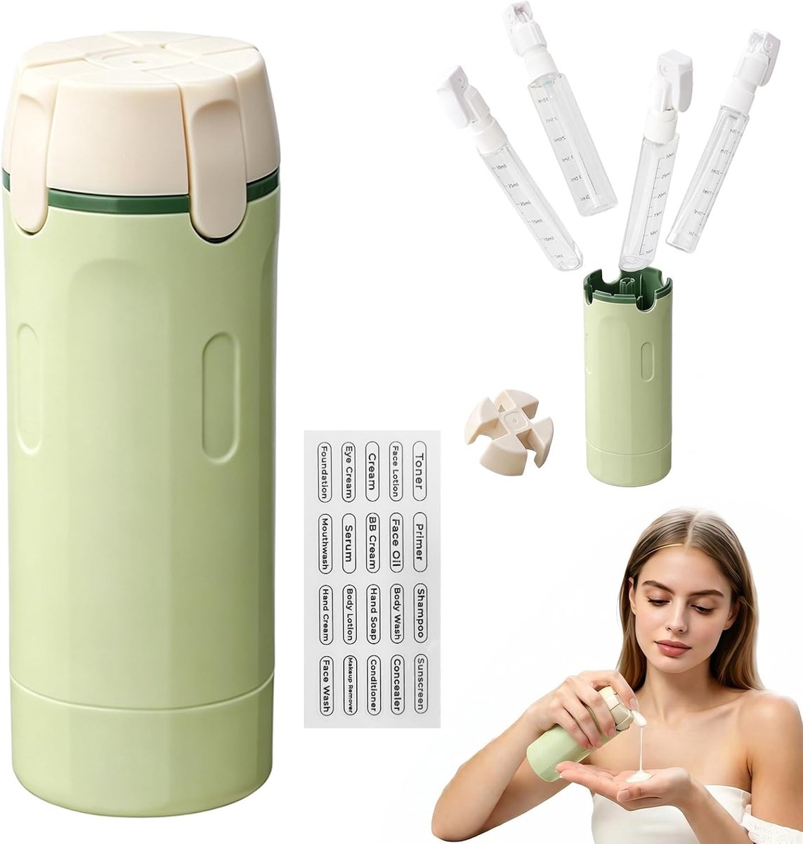 4-in-1 reispakket, siliconen vloeistofcontainerset, herbruikbare en navulbare reisdispenserflessen voor shampoo, lotion en douchegel in reisformaat (1, groen)