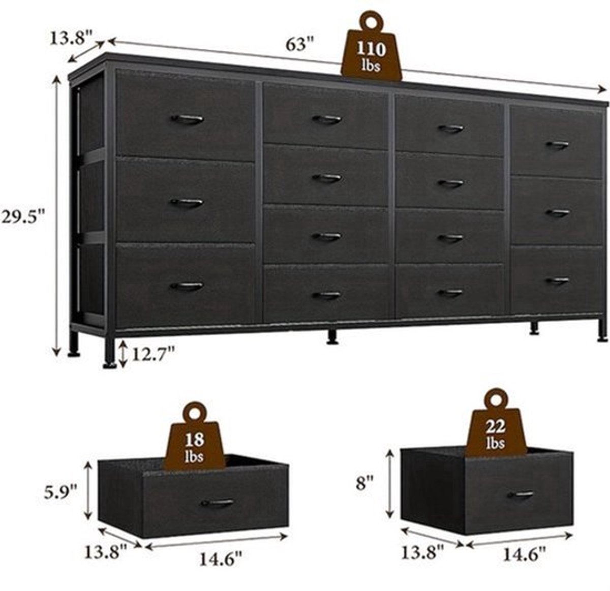 160cm Extra Long TV Cabinet & Bedroom Dresser with 14 Fabric Drawers - Heavy-Duty Hardwood TV Storage Unit, Space-Saving TV Stand with 14 Drawers, Modern Farmhouse Furniture For Living Room, Bedroom, Hallway - Easy Assembly,