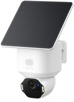 Witte eufy beveiligingscamera met zwarte lens, een kantelbaar zonnepaneel en 360° pan/tilt functionaliteit.